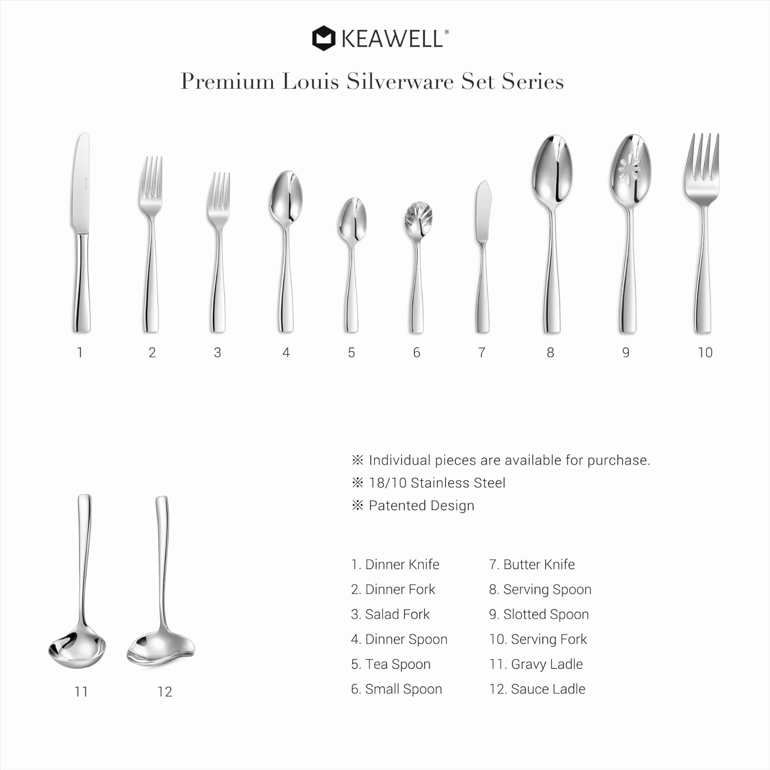 KEAWELL Premium Louis Serving Utensils, 18/10 Stainless Steel, Squared Edge Design, Mirror Finish, Dishwasher Safe (Hostess Serving Utensil Set)