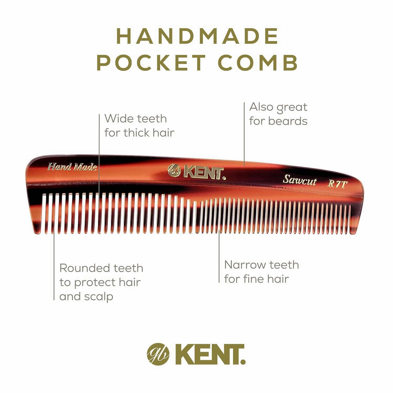 Kent R7T Double Tooth Pocket Comb, Small/Wide Grooming Comb for Hair, Beard, Mustache, and All Ages - Coarse/Fine Saw Cut, Hand Polished. Handmade in England