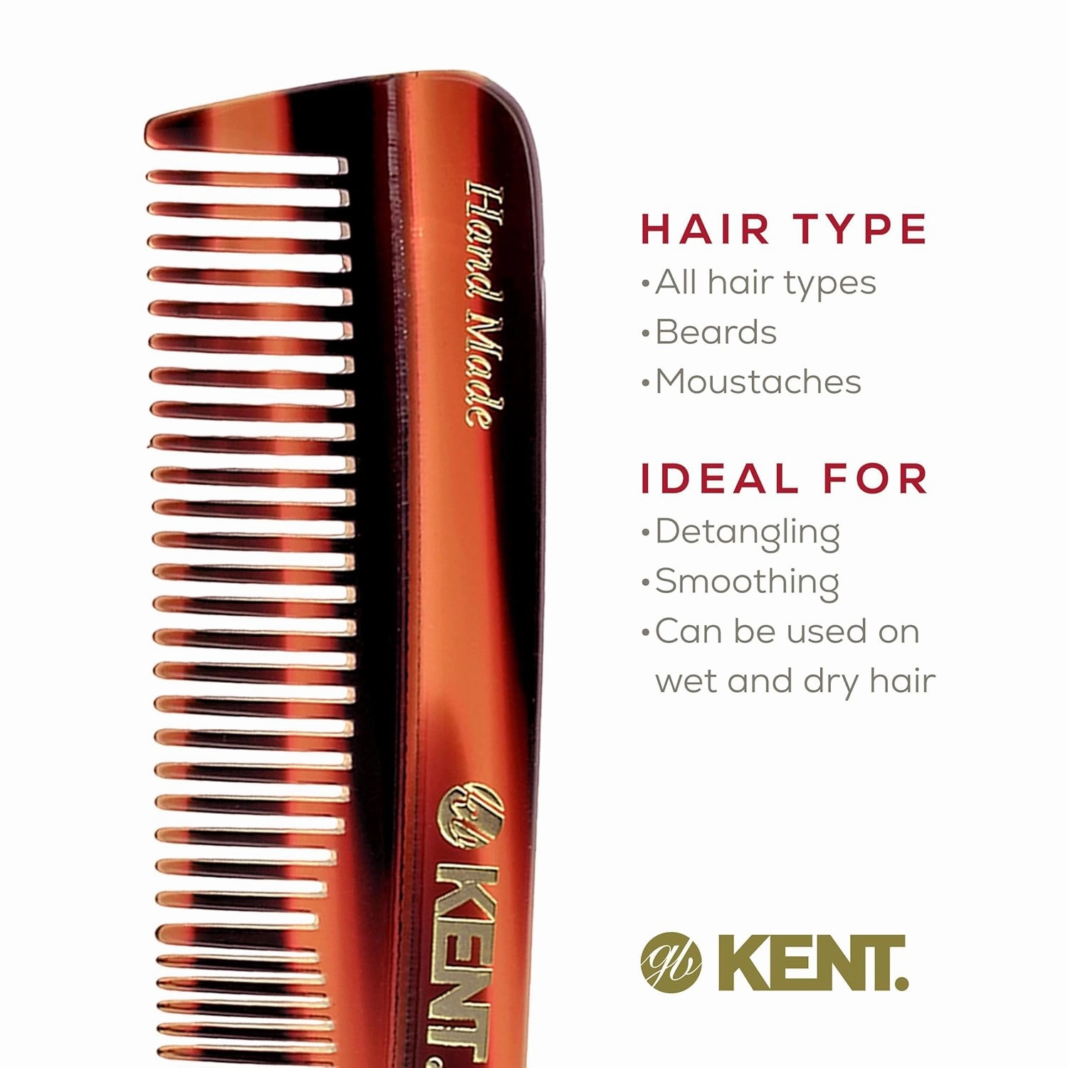 Kent R7T Double Tooth Pocket Comb, Small/Wide Grooming Comb for Hair, Beard, Mustache, and All Ages - Coarse/Fine Saw Cut, Hand Polished. Handmade in England