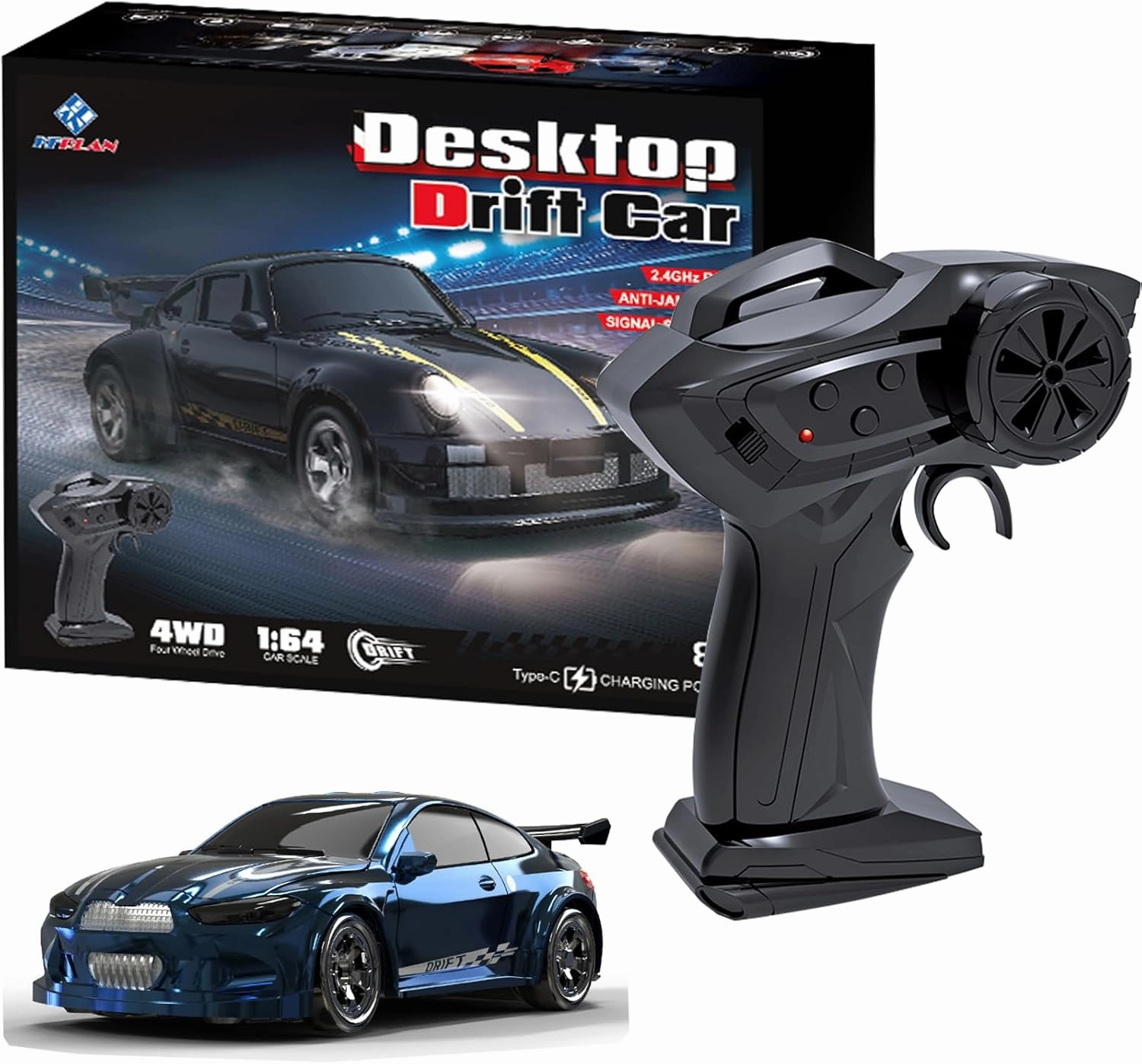 KF20 1:64 Scale Mini Drift RC Car with Full Proportional RTR 2.4GHZ Remote Control for Desktop Racing (Blue)
