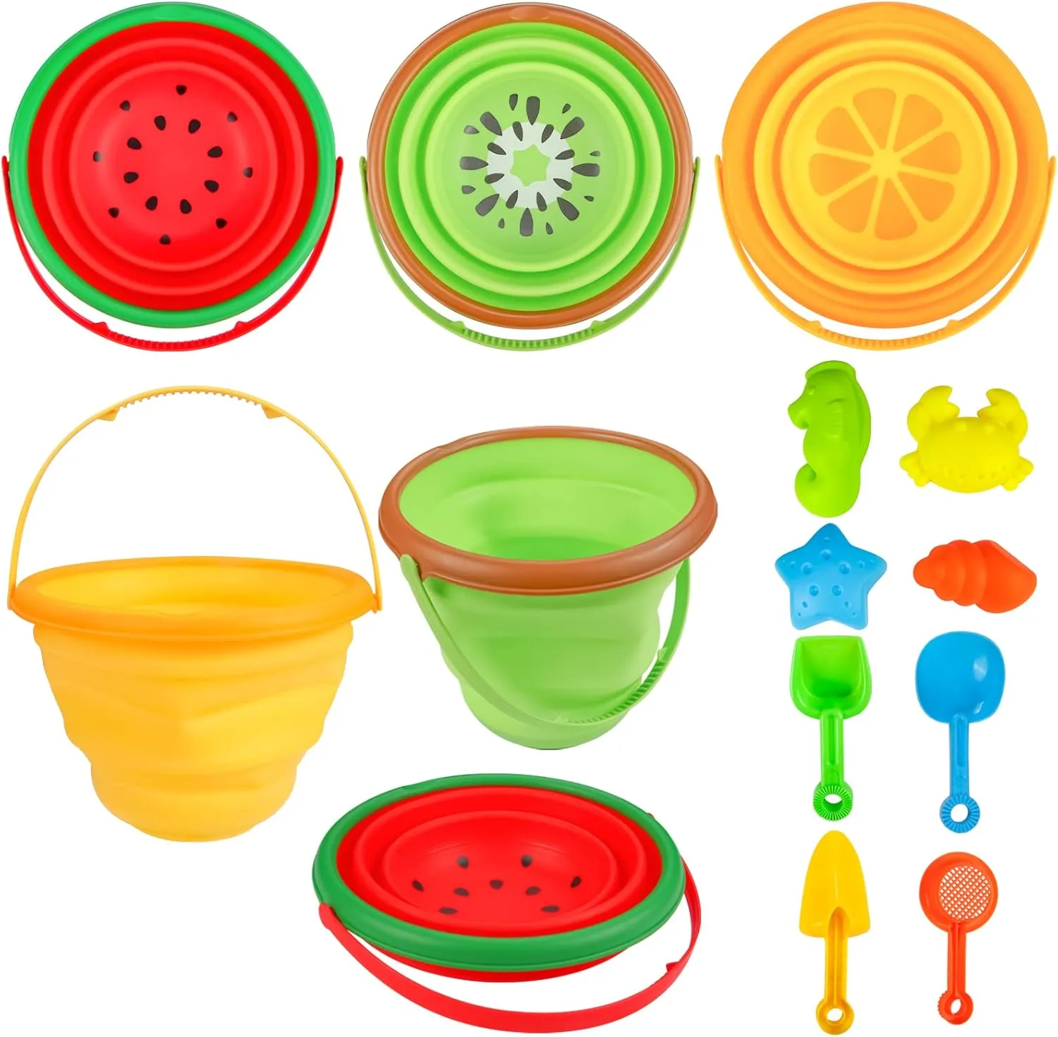 Kids Beach Sand Toys Set - Collapsible Silicone Foldable Beach Bucket - Summer Outdoor Camping and Fishing Tub with Sand Molds, Shovels, and Rakes - for Toddlers, Boys, Girls - 2.5L - 3PCS
