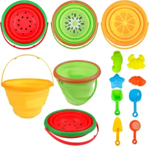 Kids Beach Sand Toys Set - Collapsible Silicone Foldable Beach Bucket - Summer Outdoor Camping and Fishing Tub with Sand Molds, Shovels, and Rakes - for Toddlers, Boys, Girls - 2.5L - 3PCS