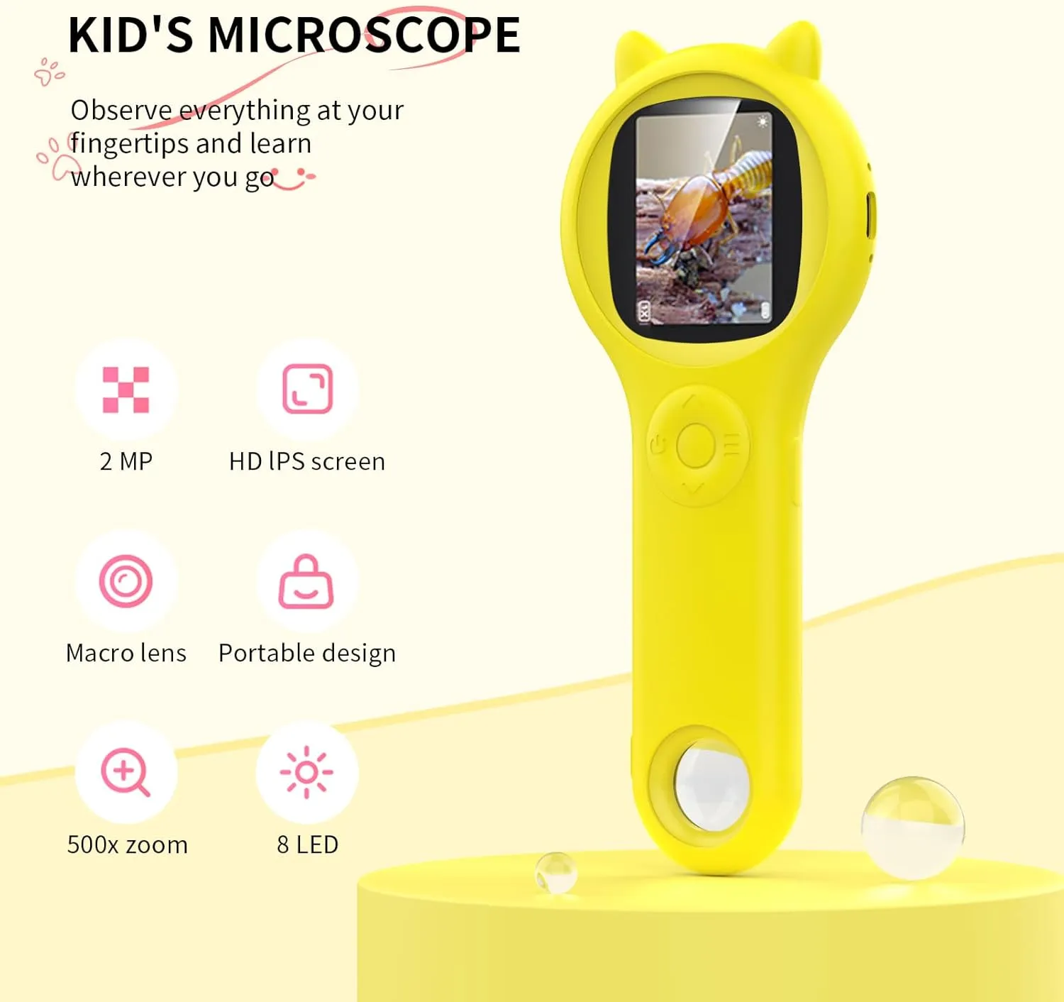 Kids Magnifying Glass Educational Science Kit - Mini LED Pocket Microscope for Kids(3-10 Years) - Durable Design - Ideal Gift for Girls (Yellow)