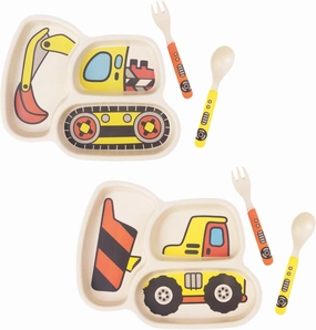 Kids Plate Set - 3-Piece Toddler Dinnerware with Fork and Spoon - Divided Plate for Portion Control (Excavator Bulldozer)