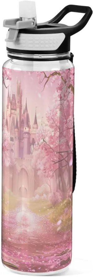 Kigai Transparent Sports Water Bottle 32oz, Fairy Castle Leakproof Wide Mouth Water Bottle with Straw, BPA Free Water Jug with Detachable Strap & Handle for Fitness Gym Outdoor
