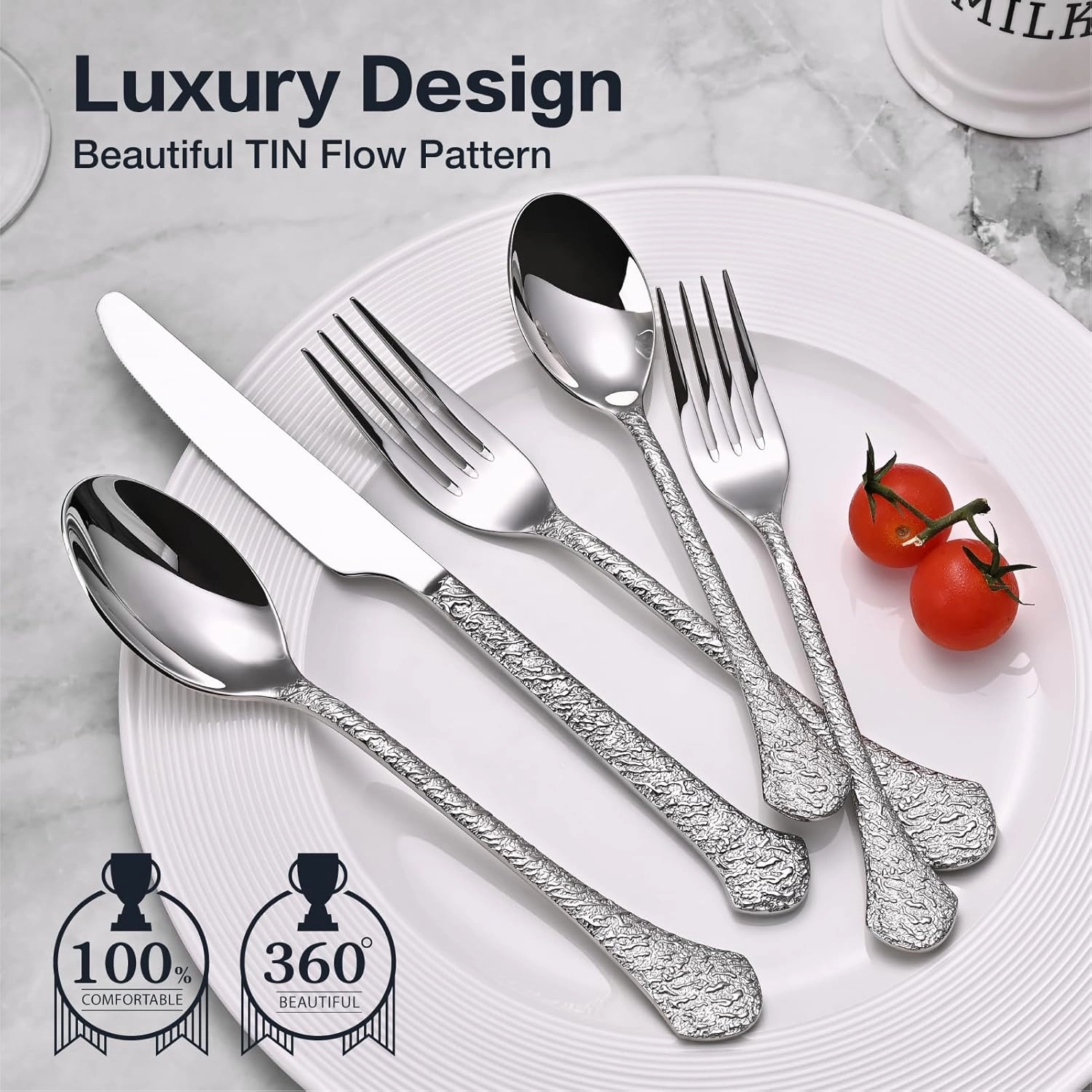 KINGSTONE Premium Silverware Sets, 18/10 Stainless Steel Flatware Set，30-Piece Cutlery with Tin Flow Handles, Dishwasher Safe (30-Piece)