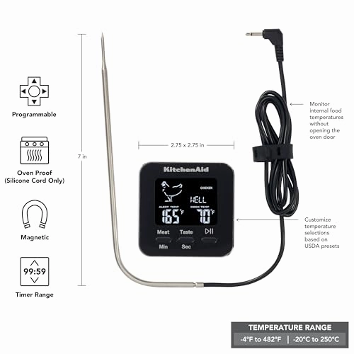 KitchenAid KQ906 Programmable Wired Probe Thermometer, TEMPERATURE RANGE: -40F to 482F/-40C to 250C, Black