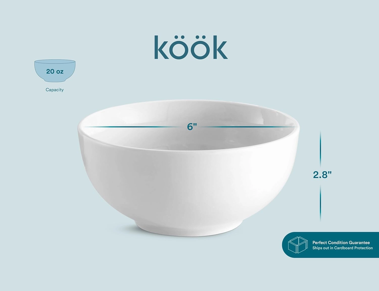 KooK Ceramic Soup Bowls, Cereal Bowl, Microwave, Dishwasher and Freezer Safe, Porcelain Dishes for Pasta, Salad, Oatmeal, Deep Interior, 20 oz, Set of 6, (White)