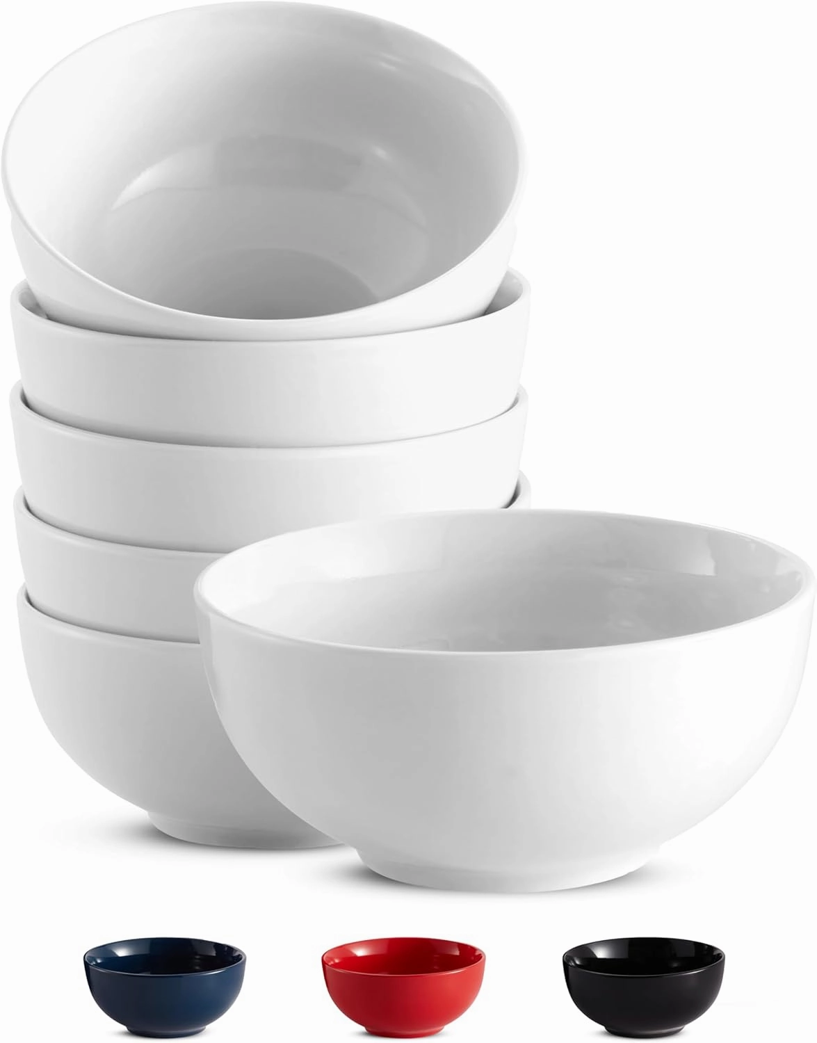 KooK Ceramic Soup Bowls, Cereal Bowl, Microwave, Dishwasher and Freezer Safe, Porcelain Dishes for Pasta, Salad, Oatmeal, Deep Interior, 20 oz, Set of 6, (White)