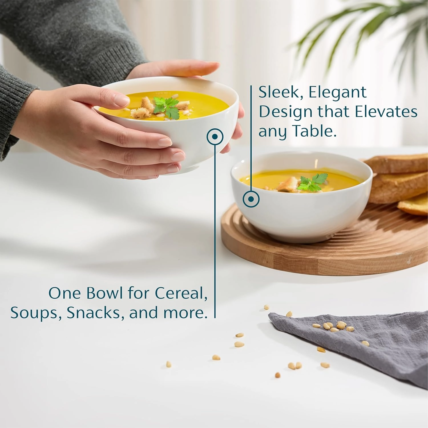 KooK Ceramic Soup Bowls, Cereal Bowl, Microwave, Dishwasher and Freezer Safe, Porcelain Dishes for Pasta, Salad, Oatmeal, Deep Interior, 20 oz, Set of 6, (White)