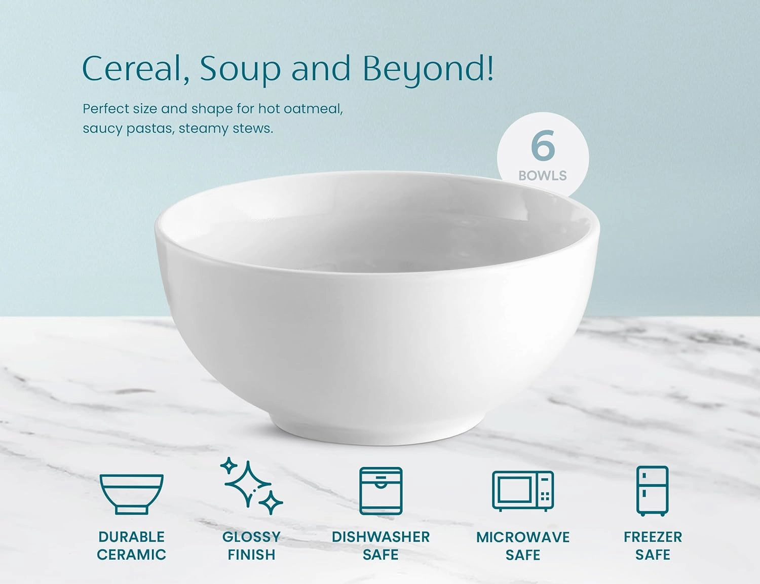 KooK Ceramic Soup Bowls, Cereal Bowl, Microwave, Dishwasher and Freezer Safe, Porcelain Dishes for Pasta, Salad, Oatmeal, Deep Interior, 20 oz, Set of 6, (White)