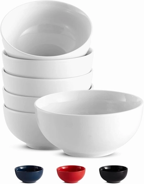KooK Ceramic Soup Bowls, Cereal Bowl, Microwave, Dishwasher and Freezer Safe, Porcelain Dishes for Pasta, Salad, Oatmeal, Deep Interior, 20 oz, Set of 6, (White)