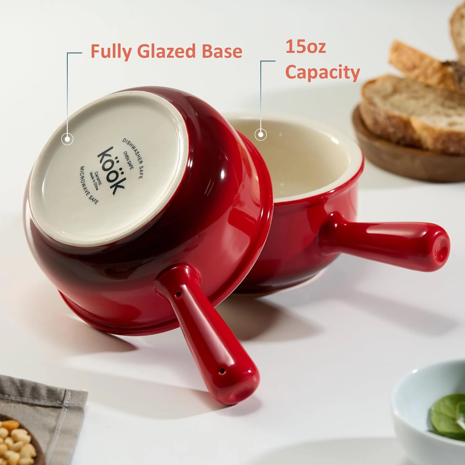 KooK French Onion Soup Bowls, French Onion Soup Crocks, Soup Bowl with Handles, 15 oz, Set of 4, Ceramic Bowls, Microwave, Dishwasher Safe & Oven safe, Stoneware,(Red Ombre)