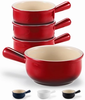 KooK French Onion Soup Bowls, French Onion Soup Crocks, Soup Bowl with Handles, 15 oz, Set of 4, Ceramic Bowls, Microwave, Dishwasher Safe & Oven safe, Stoneware,(Red Ombre)
