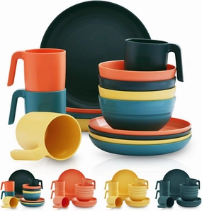Kyraton Plastic Dinnerware Set of 16 Pieces, Unbreakable And Reusable Light Weight Plates Mugs Bowls Dishes Easy to Carry And Clean Microwave Safe BPA Free Dishwasher Safe Service For 4 (Mutil Color)