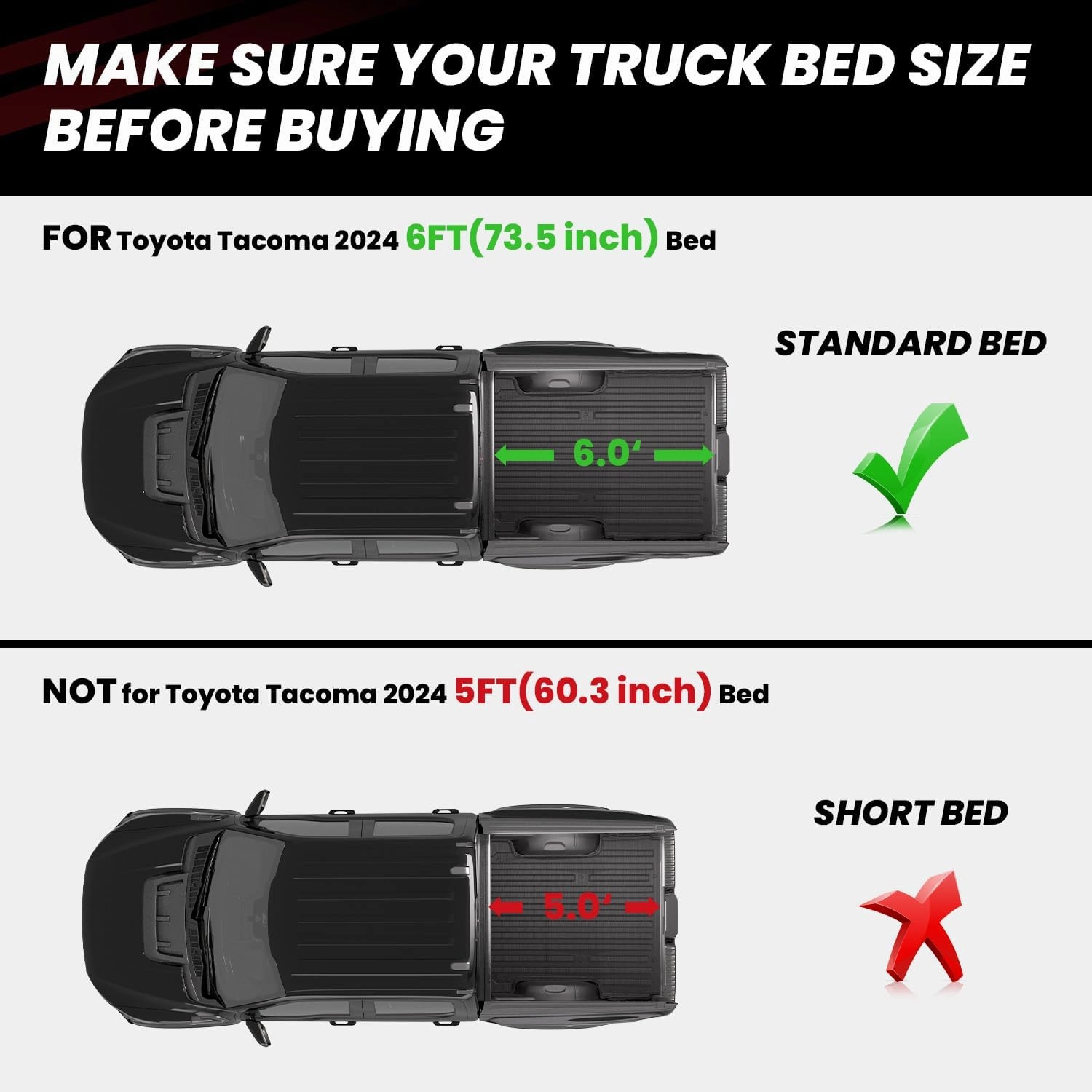 LASFIT Bed Mat for Toyota Tacoma 2024 2025 Truck Bed (6ft,6'Bed), All Weather 6 ft Car Bed Liner for Toyota Tacoma Accessories, TPE Trunk Mat&Cargo Liner, Black