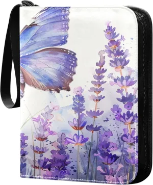 Lavender and Butterfly Card Binder 4 Pocket Collectible Trading Card Albums with 50 Sleeves Double Side PU Waterproof 3 Ring for Sports & Game Cards
