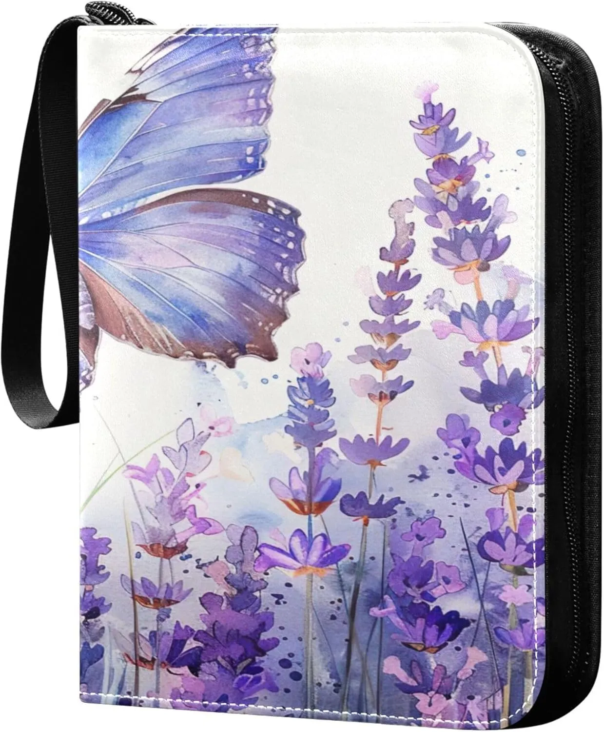 Lavender and Butterfly Card Binder 4 Pocket Collectible Trading Card Albums with 50 Sleeves Double Side PU Waterproof 3 Ring for Sports & Game Cards