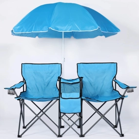 LAZZO Double Folding Camping Chairs, Portable Picnic Camping Chairs w/Umbrella Mini Beverage Holder Carrying Cooler Bag, Outdoor Picnic Double Folding loveseat Camp Chairs for Beach Patio Pool Park