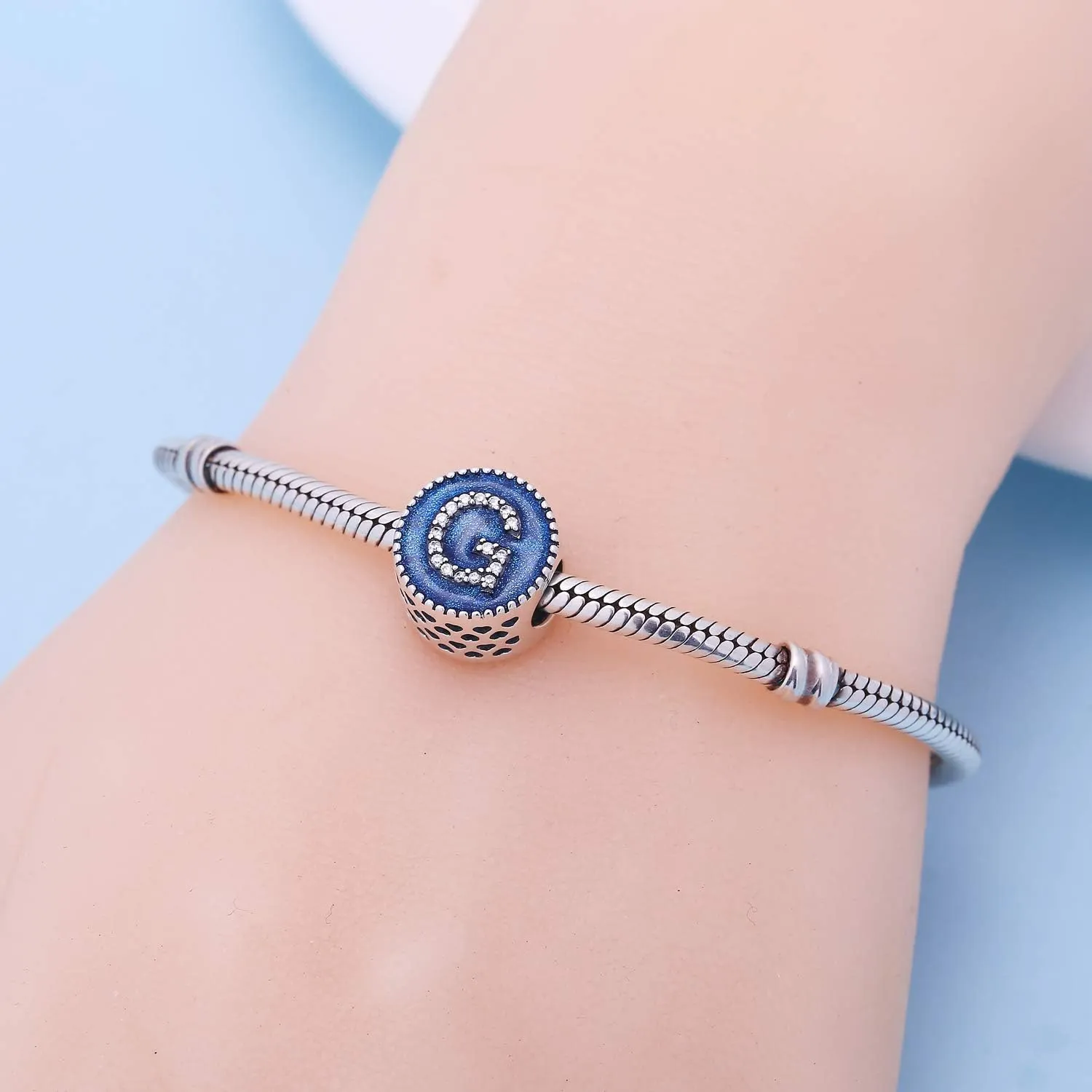 Letter Charms 925 Sterling Silver Fits Pandora Bracelets Ocean Blue Alphabet Initial A-Z Beads Jewelry Gift for Women