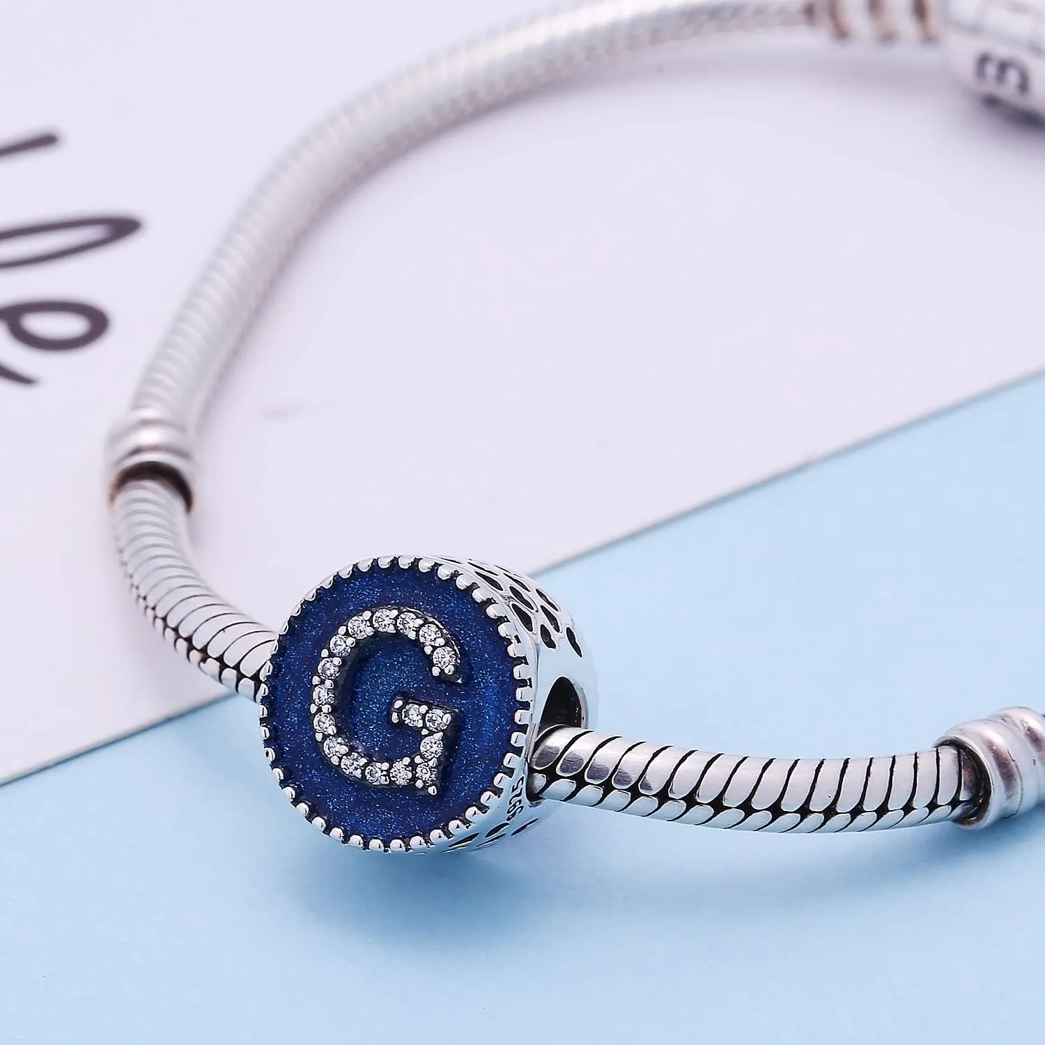 Letter Charms 925 Sterling Silver Fits Pandora Bracelets Ocean Blue Alphabet Initial A-Z Beads Jewelry Gift for Women