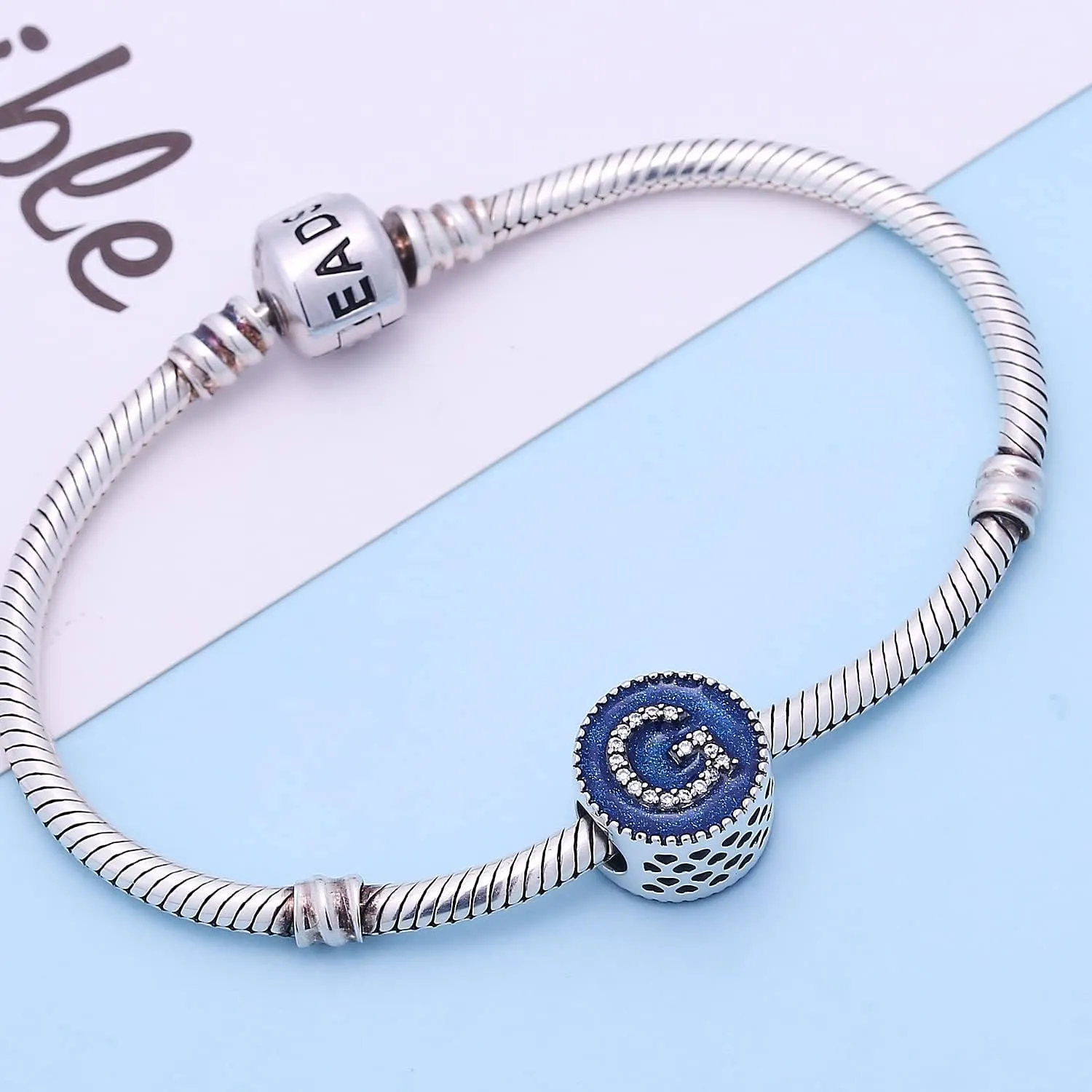 Letter Charms 925 Sterling Silver Fits Pandora Bracelets Ocean Blue Alphabet Initial A-Z Beads Jewelry Gift for Women