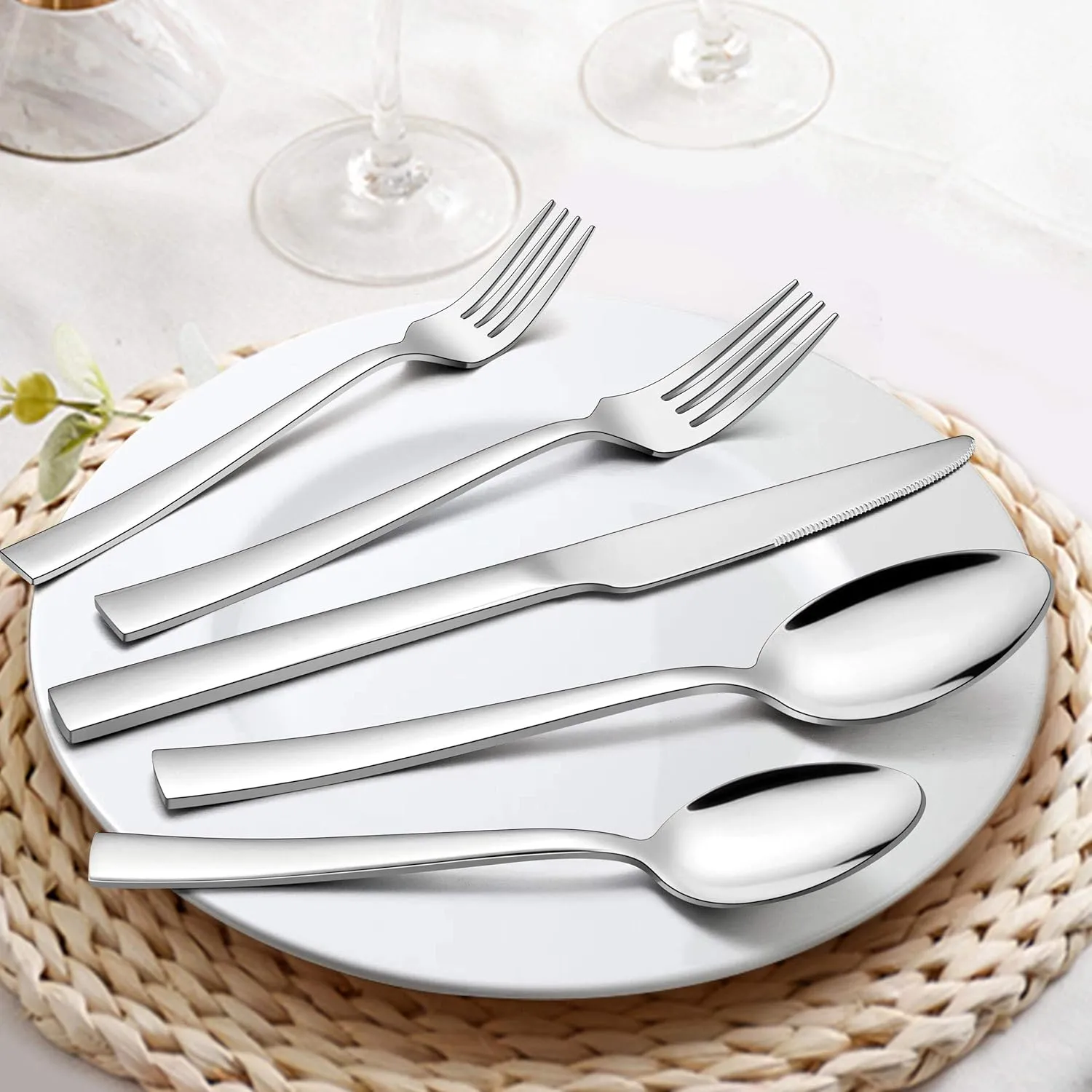 LIANYU 60-Piece Silverware Flatware Set with Organizer Tray, Stainless Steel Square Cutlery Set for 12, Reusable Eating Utensils Tableware, Dishwasher Safe