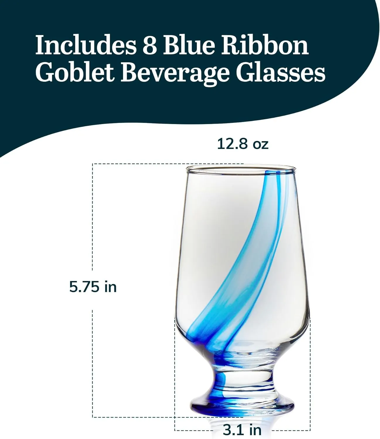 Libbey Blue Ribbon Goblet Glasses, Unique Blue Water Goblets Set of 8, Thick Stemmed Water Glasses for Sodas & Cocktails
