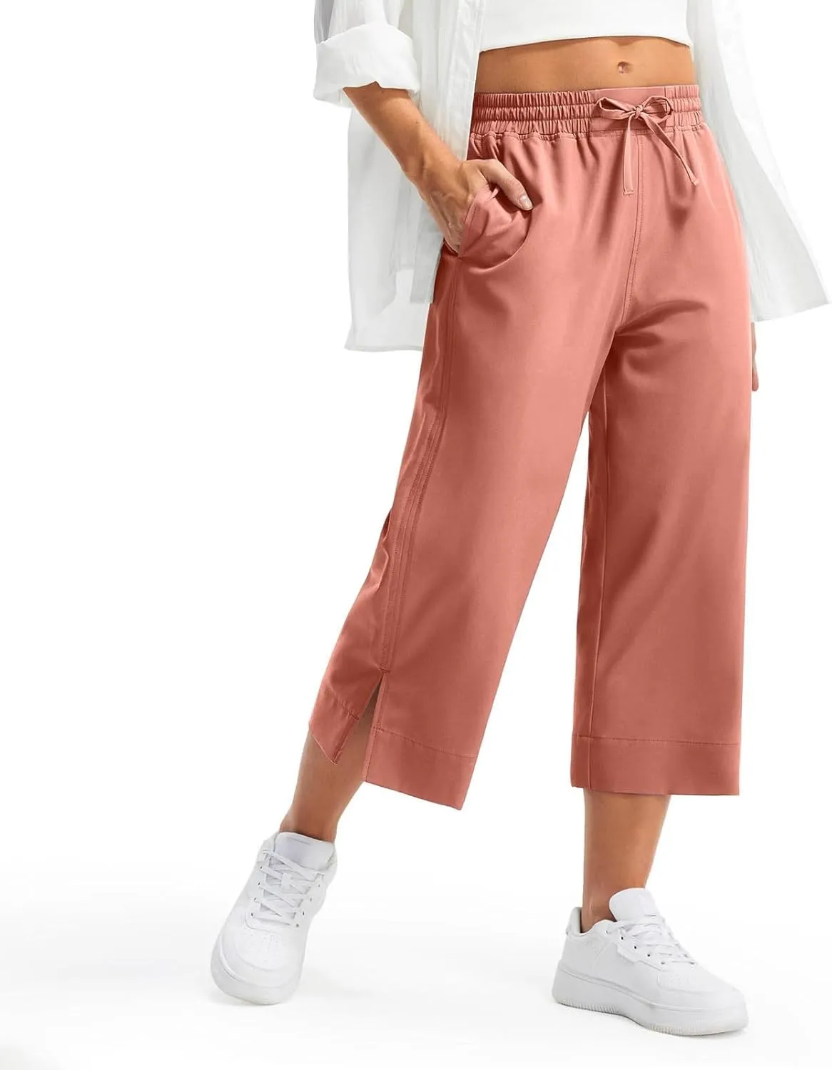 Lightweight Wide Leg Cropped Pants Linen Cropped Wide Leg Elastic Waist Casual Palazzo Trousers with Pockets