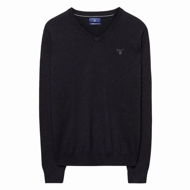 Lightweight Cotton V-Neck Sweater, Dark Charcoal Melange