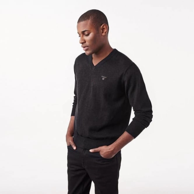 Lightweight Cotton V-Neck Sweater, Dark Charcoal Melange