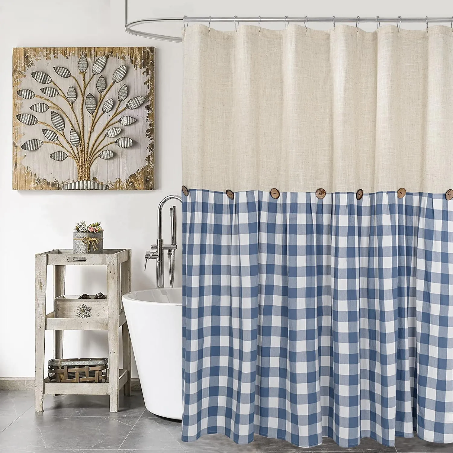 Linen Button Farmhouse Shower Curtain,Linen and Cotton Fabric,Pleated Blue and White Buffalo Plaid Checked Pattern,Country Style,72x72 in