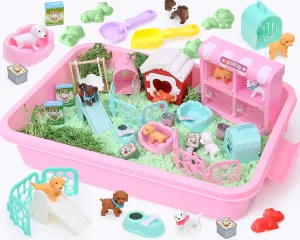 Lorfancy Dog Sandbox Toys Kids Play Sand Kit Toddler Sensory Bin Toy 2.2lbs Sand Pet Dog Figures Care Role Pretend Play Beach Toy Birthday Gift for Girls Boys 3 4 5 6 7 8 Years Old