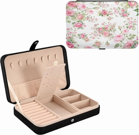 Lovely Floral Roses PU Leather Travel Jewelry Organizer Case, Portable Jewellery Storage Holder Display for Ring Earrings Necklace Bracelet Bangle Watch Gift for Girl