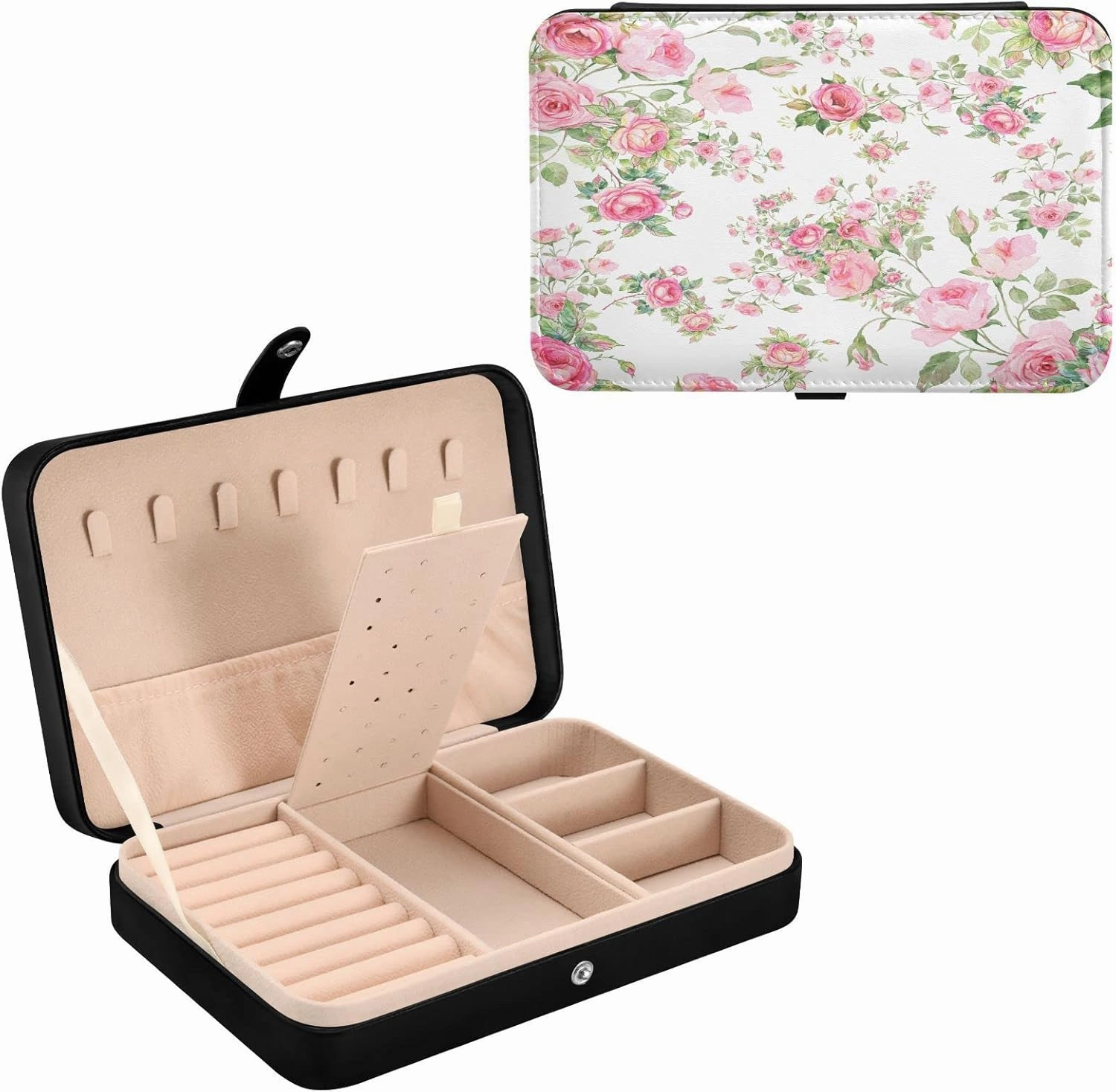 Lovely Floral Roses PU Leather Travel Jewelry Organizer Case, Portable Jewellery Storage Holder Display for Ring Earrings Necklace Bracelet Bangle Watch Gift for Girl
