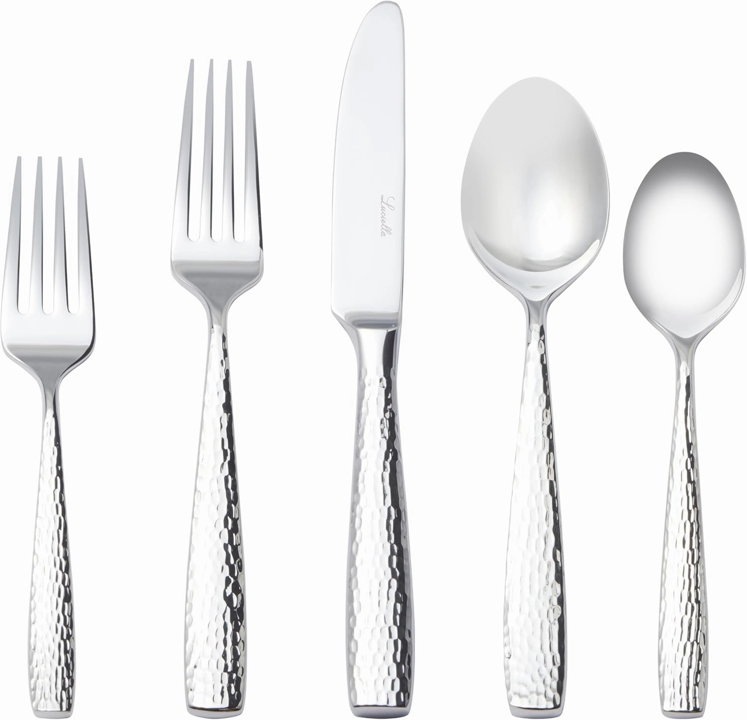 Luciella Ponza Flatware Set for 8, 45-Piece Stainless Steel Silverware Set with Serving Utensils, Timeless Hammered Design, Rust-Resistant, Mirror Polished & Dishwasher Safe