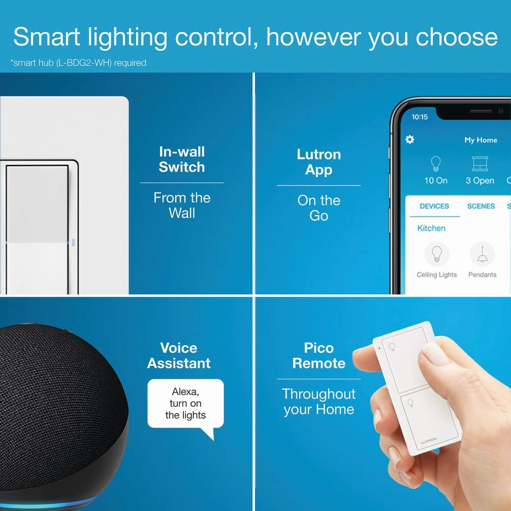 Lutron Claro Smart Switch for Caseta Smart Lighting (Lutron Smart Hub Required), for LED Lights and Fans, 5 Amp, Single-Pole/3-Way, Neutral Required, DVRF-5NS-BL, Black