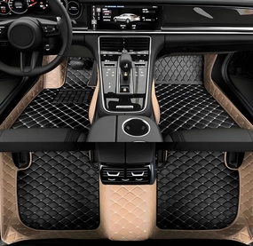 Luxury Leather Car Floor Mats for 2009-2016 Hyundai Genesis Coupe- All-Weather, Easy to Clean, Premium Interior Protection (Beige Black Combination)