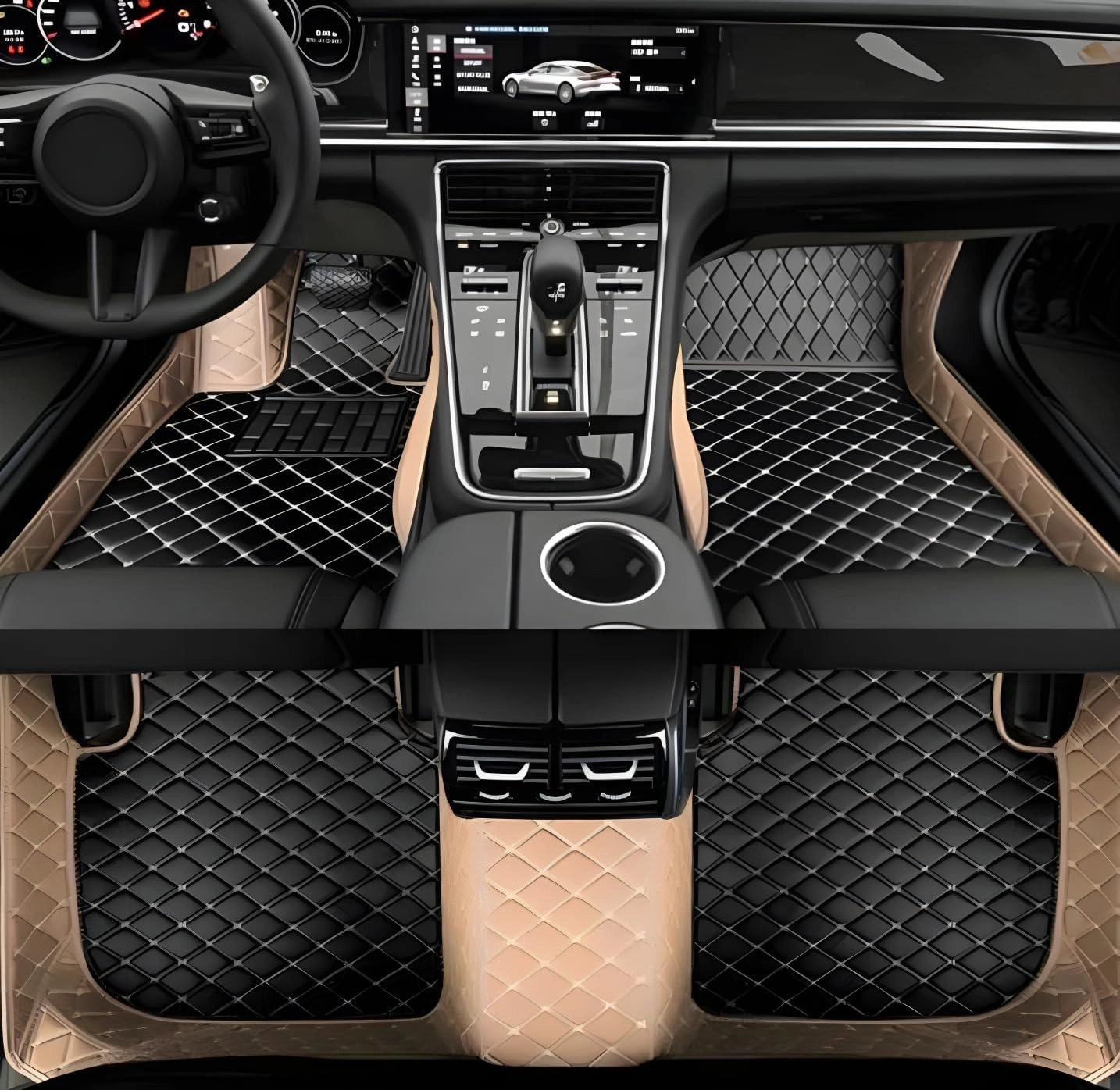 Luxury Leather Car Floor Mats for 2009-2016 Hyundai Genesis Coupe- All-Weather, Easy to Clean, Premium Interior Protection (Beige Black Combination)