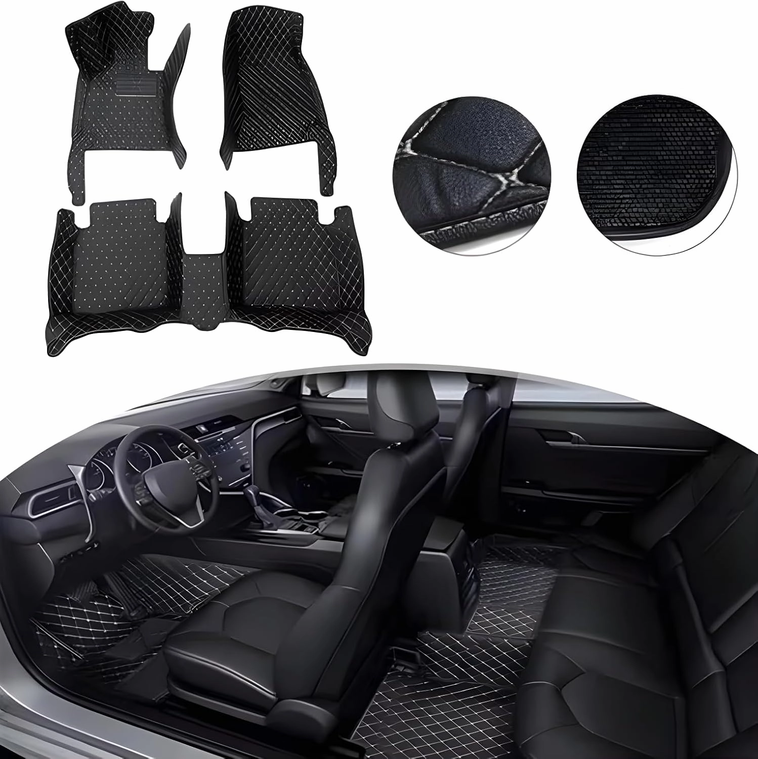 Luxury Leather Car Floor Mats for 2009-2016 Hyundai Genesis Coupe- All-Weather, Easy to Clean, Premium Interior Protection (Beige Black Combination)