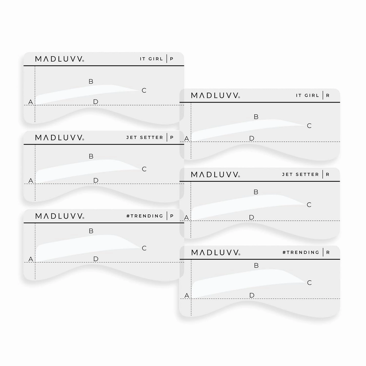 MADLUVV Eyebrow Shaper Stencils, Reusable Brow Mapping Template for PMU Professionals, Semi-Permanent Makeup Mapping, 6 Stencils (3 Stencil Shapes in Both Petite and Regular Sizes) - Straight Up Set