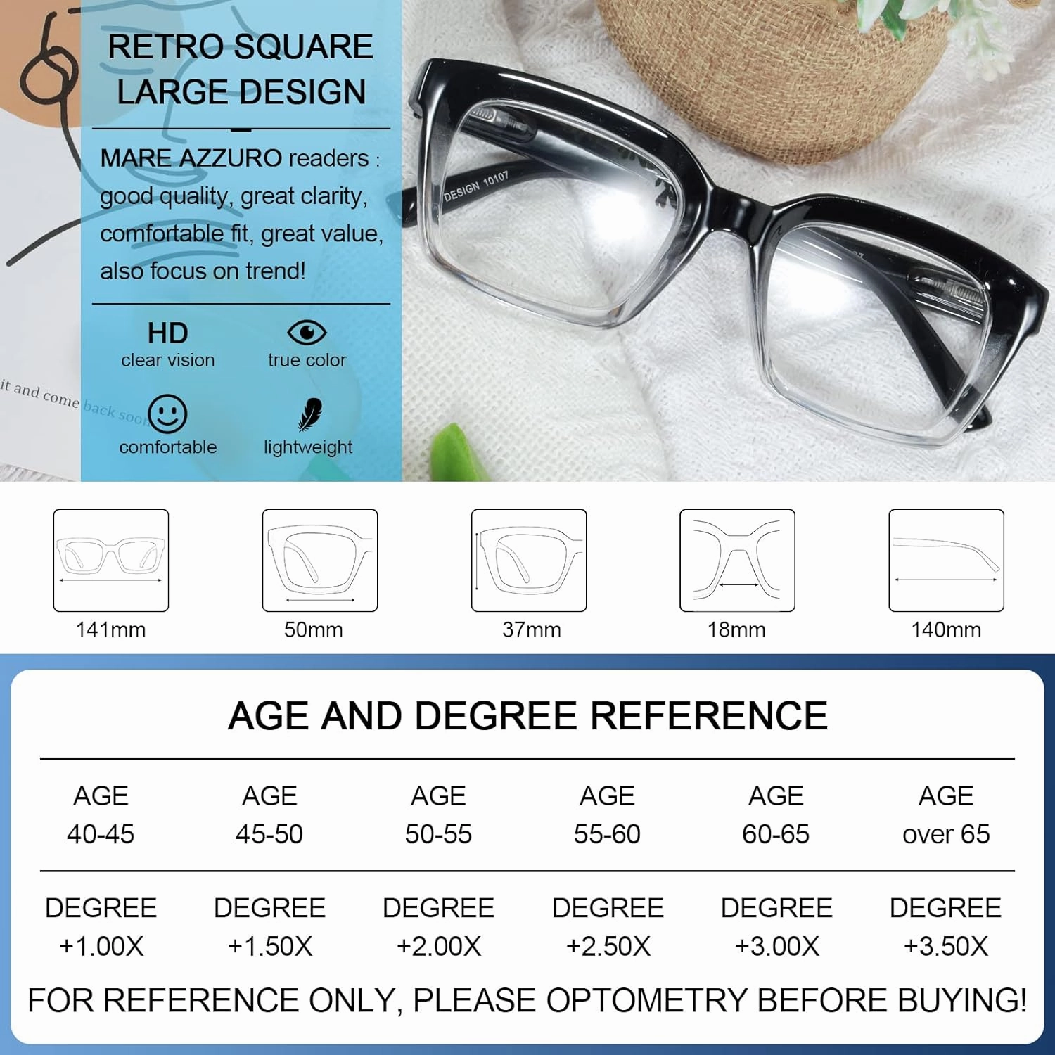 MARE AZZURO Oversized Reading Glasses Women Retro Square Readers 1.0 1.25 1.5 1.75 2.0 2.25 2.5 2.75 3.0 3.5 (Black clear, 1.00)