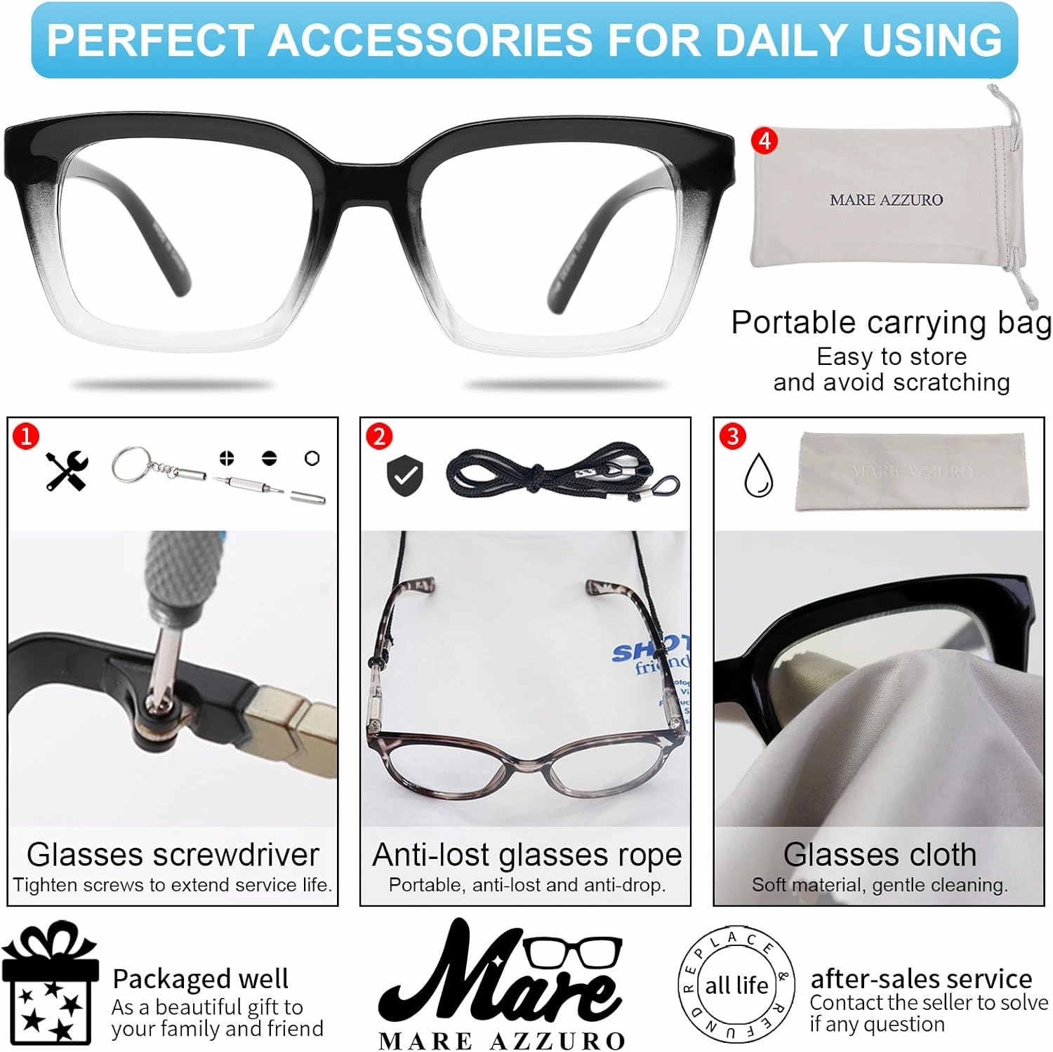 MARE AZZURO Oversized Reading Glasses Women Retro Square Readers 1.0 1.25 1.5 1.75 2.0 2.25 2.5 2.75 3.0 3.5 (Black clear, 1.00)