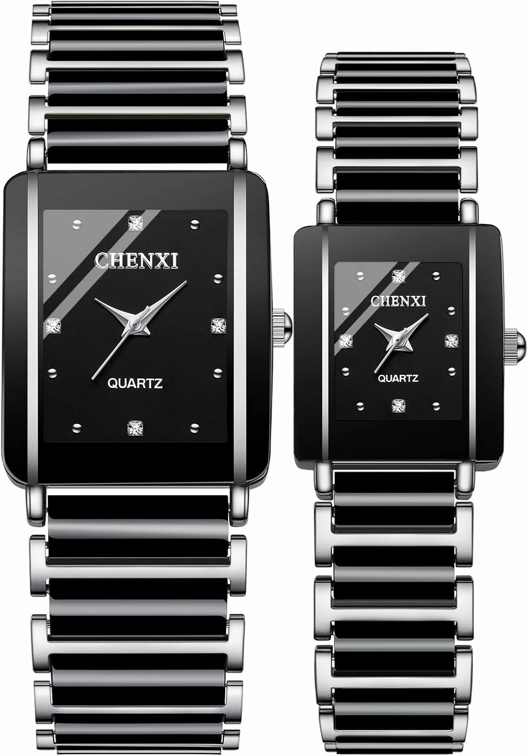 MASTOP Valentines Couple Pair Quartz Watches White Black Rectangle Stainless Steel His and Hers Wristwatch for Men Women Lovers Wedding Romantic Gifts Set of 2
