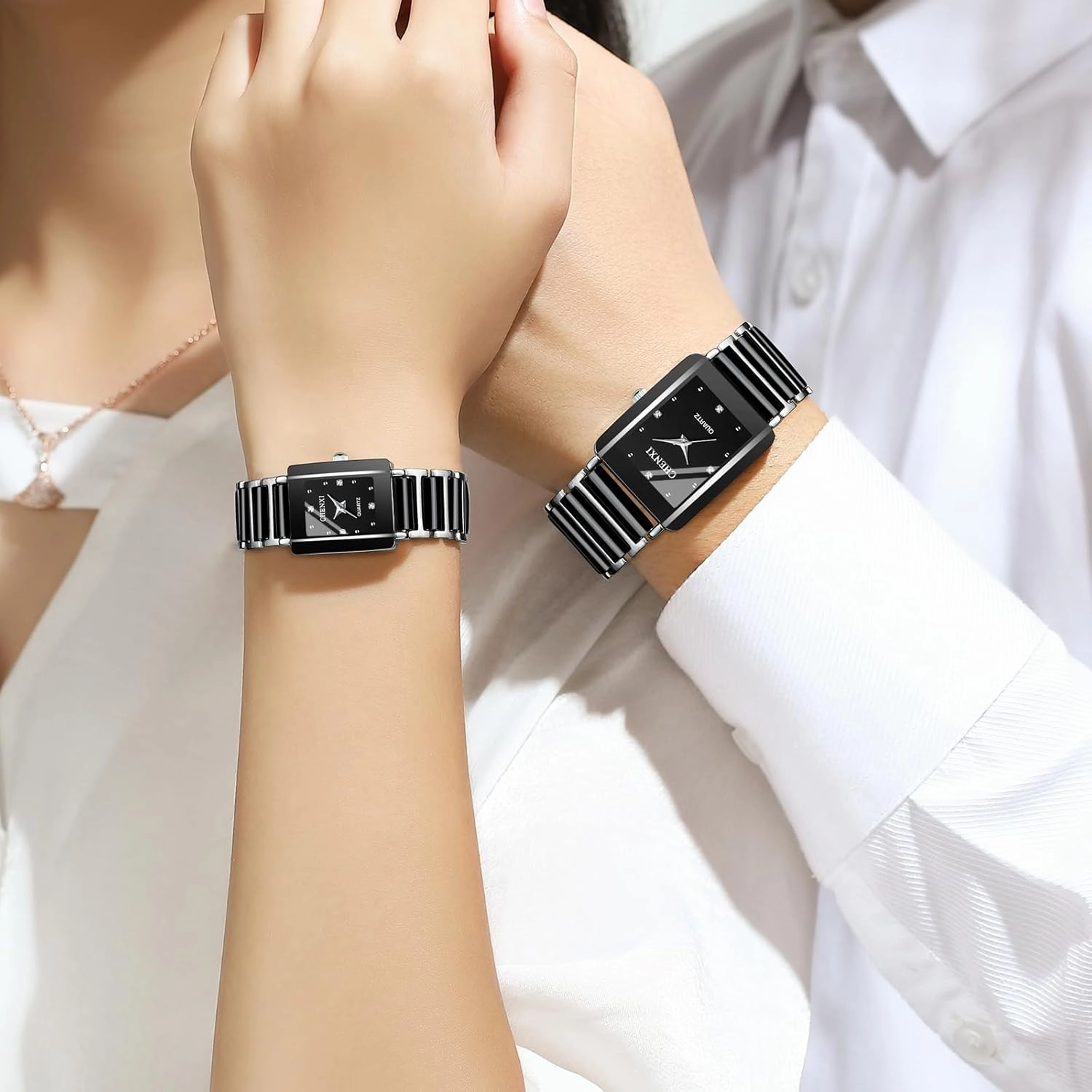 MASTOP Valentines Couple Pair Quartz Watches White Black Rectangle Stainless Steel His and Hers Wristwatch for Men Women Lovers Wedding Romantic Gifts Set of 2