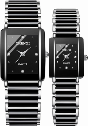 MASTOP Valentines Couple Pair Quartz Watches White Black Rectangle Stainless Steel His and Hers Wristwatch for Men Women Lovers Wedding Romantic Gifts Set of 2