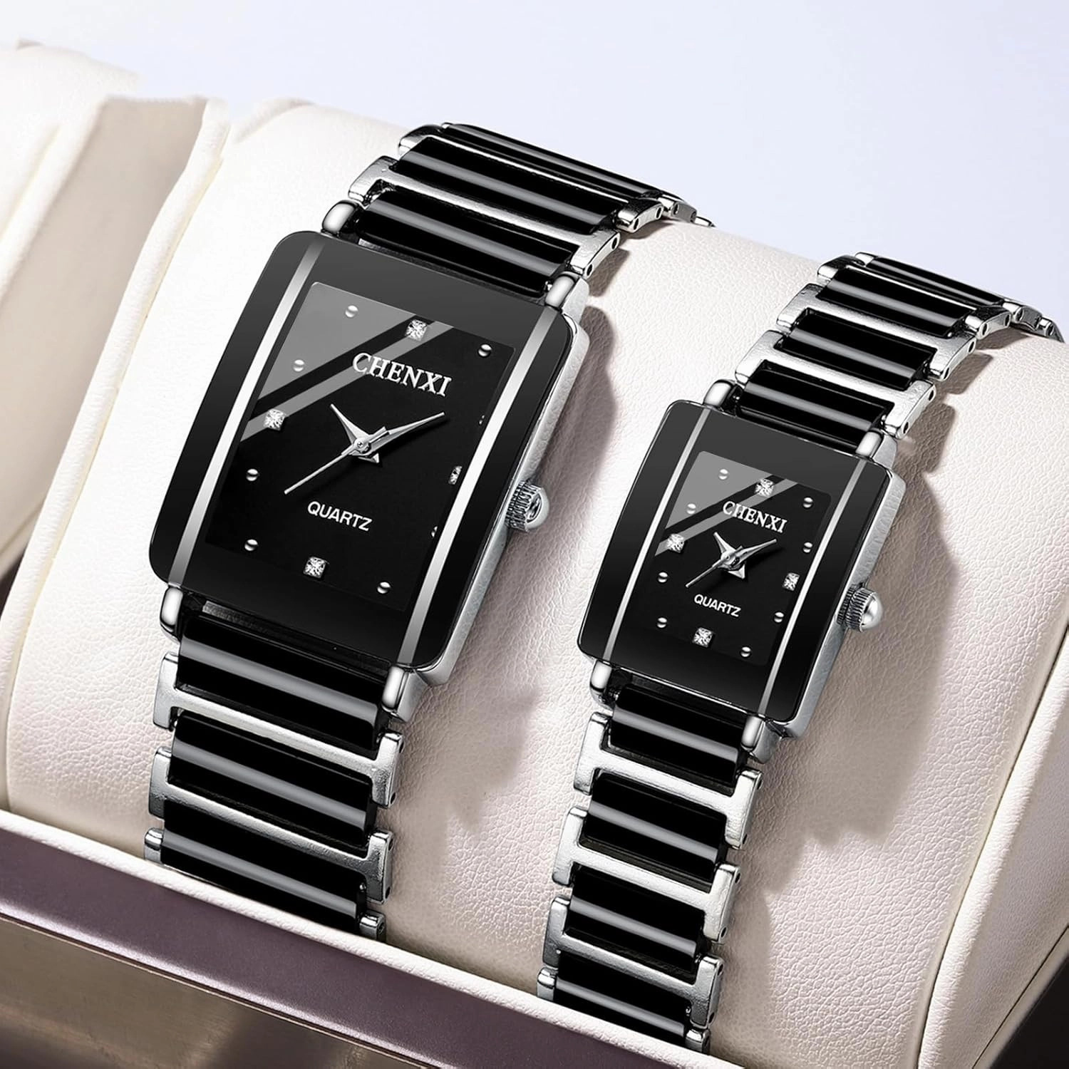 MASTOP Valentines Couple Pair Quartz Watches White Black Rectangle Stainless Steel His and Hers Wristwatch for Men Women Lovers Wedding Romantic Gifts Set of 2