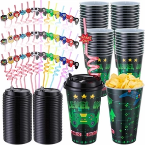 Maxcheck 36 Sets Video Game Party Favors Goodie Cups with Lids and Straws for Birthday Decorations 36Pcs 16oz Plastic Cups Reusable Plastic Straws for Birthday Party (Video Game)