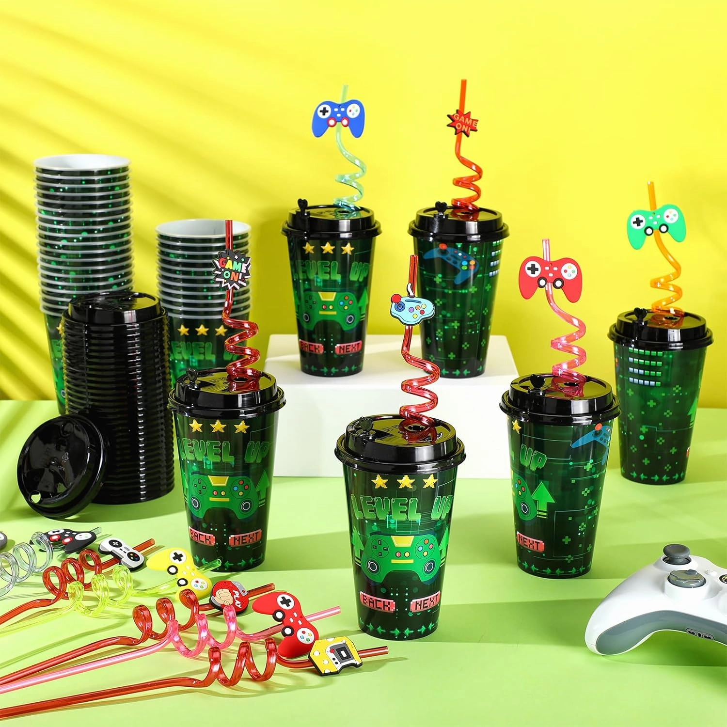 Maxcheck 36 Sets Video Game Party Favors Goodie Cups with Lids and Straws for Birthday Decorations 36Pcs 16oz Plastic Cups Reusable Plastic Straws for Birthday Party (Video Game)