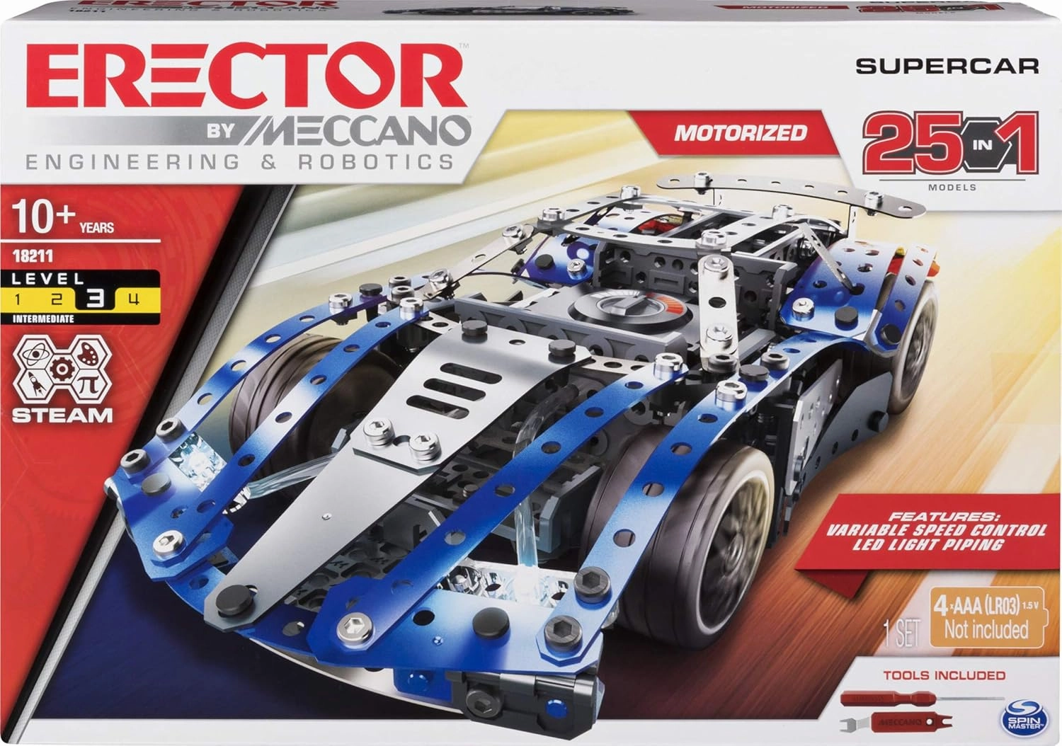 MECCANO Erector Supercar 25-in-1 STEM Building Kit, 328 Parts